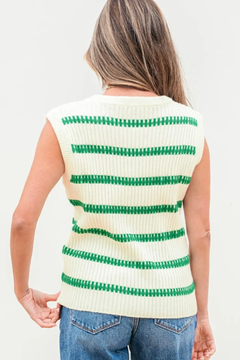 Sale Dear-Lover Striped Round Neck Casual Sweater Vest Bright Green