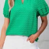 Hot Dear-Lover Textured Puff Short Sleeve Notched V Neck Top Bright Green