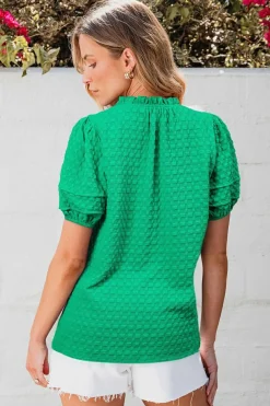 Hot Dear-Lover Textured Puff Short Sleeve Notched V Neck Top Bright Green