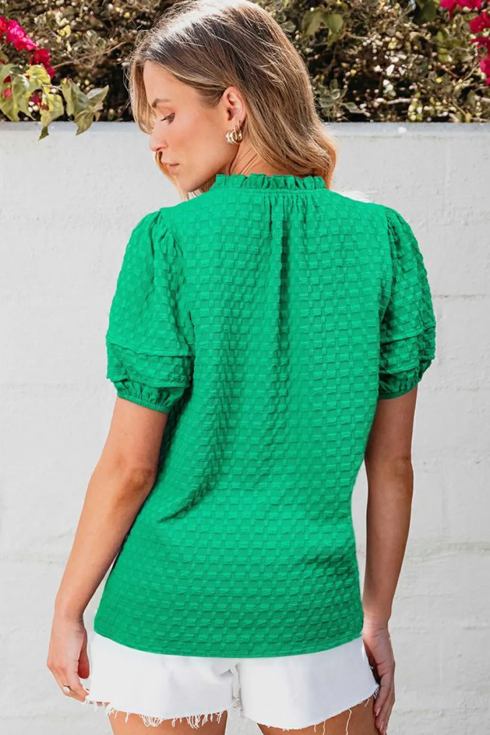 Hot Dear-Lover Textured Puff Short Sleeve Notched V Neck Top Bright Green