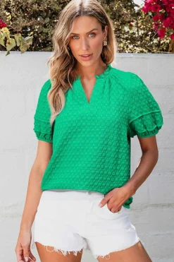 Hot Dear-Lover Textured Puff Short Sleeve Notched V Neck Top Bright Green