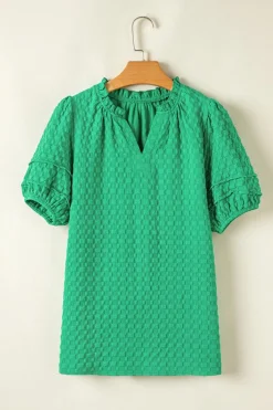 Hot Dear-Lover Textured Puff Short Sleeve Notched V Neck Top Bright Green