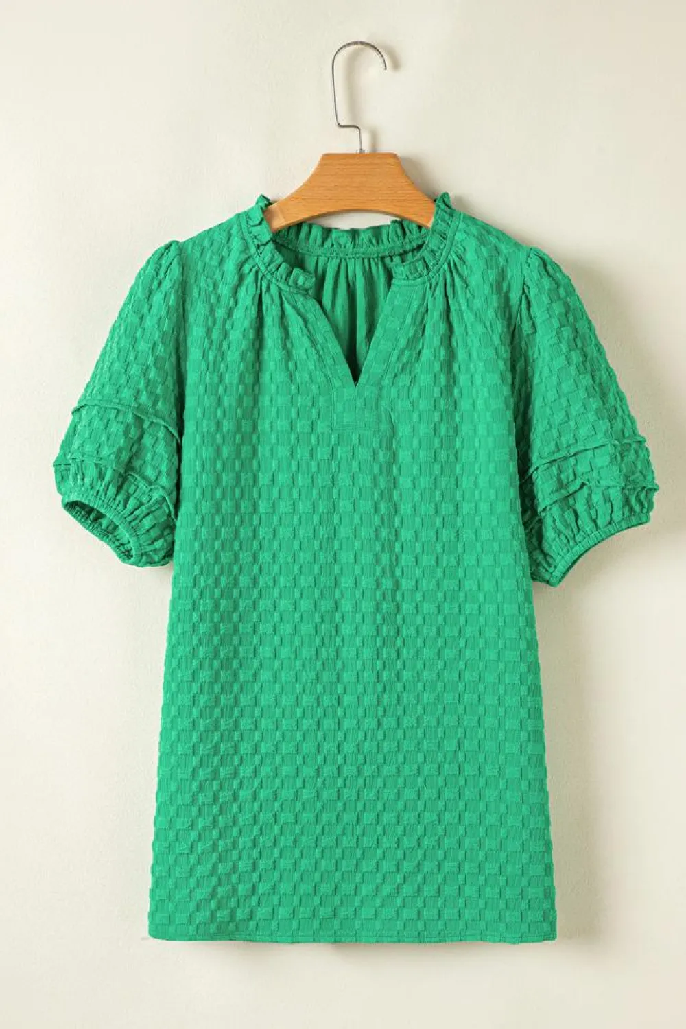 Hot Dear-Lover Textured Puff Short Sleeve Notched V Neck Top Bright Green
