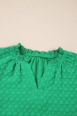 Hot Dear-Lover Textured Puff Short Sleeve Notched V Neck Top Bright Green