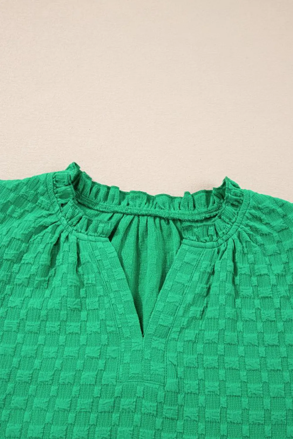 Hot Dear-Lover Textured Puff Short Sleeve Notched V Neck Top Bright Green