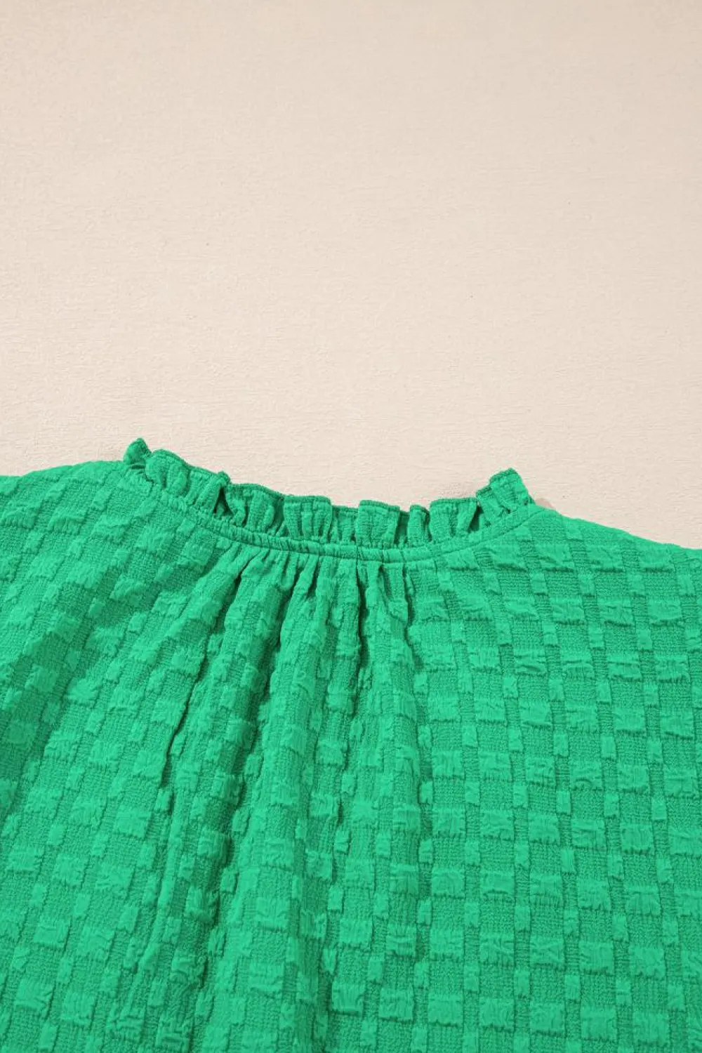 Hot Dear-Lover Textured Puff Short Sleeve Notched V Neck Top Bright Green