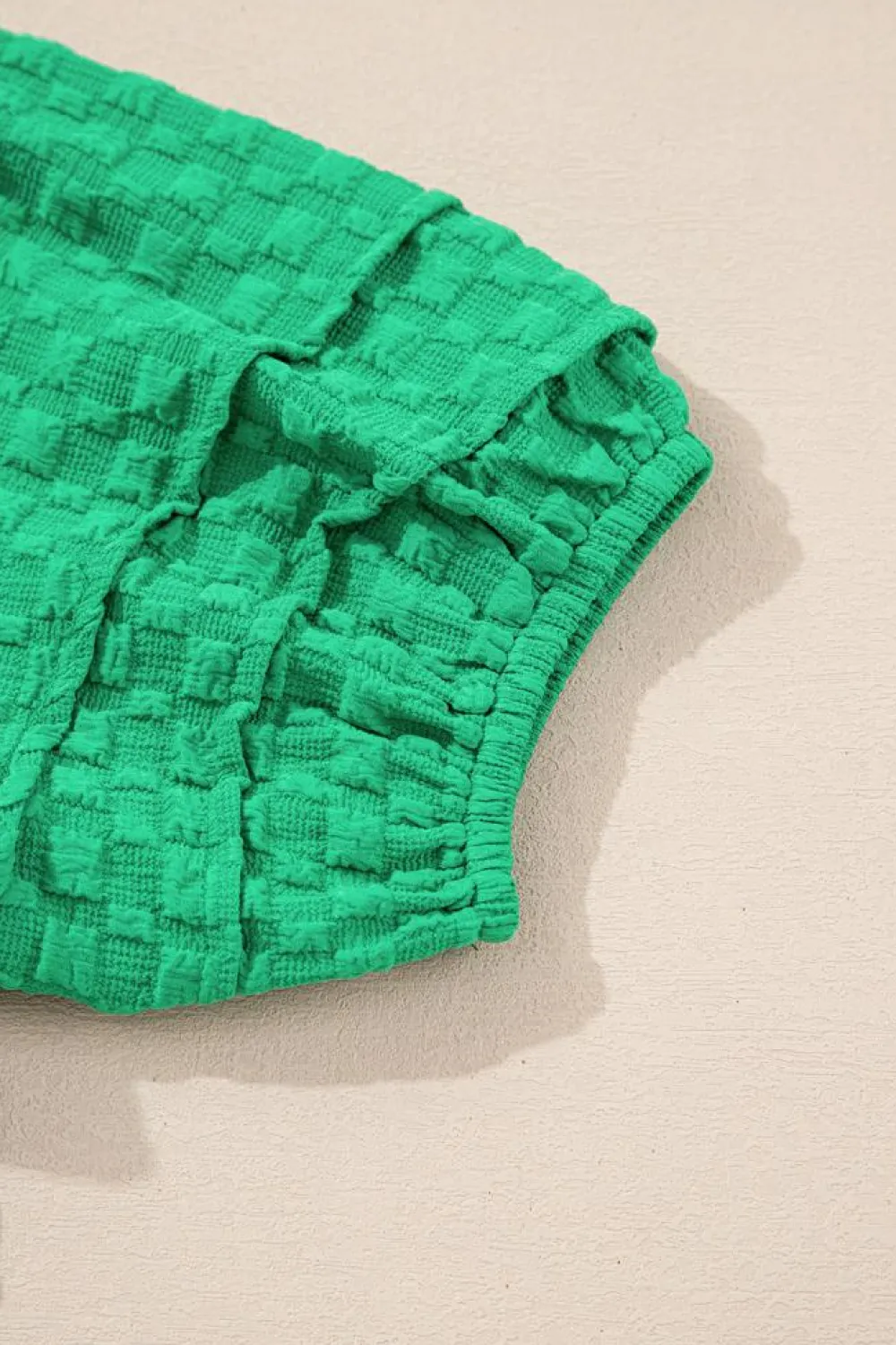 Hot Dear-Lover Textured Puff Short Sleeve Notched V Neck Top Bright Green