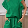 New Dear-Lover Textured Ruffled Sleeve Tee and Drawstring Shorts Set Bright Green