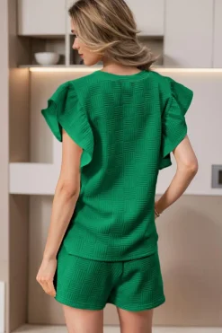 New Dear-Lover Textured Ruffled Sleeve Tee and Drawstring Shorts Set Bright Green