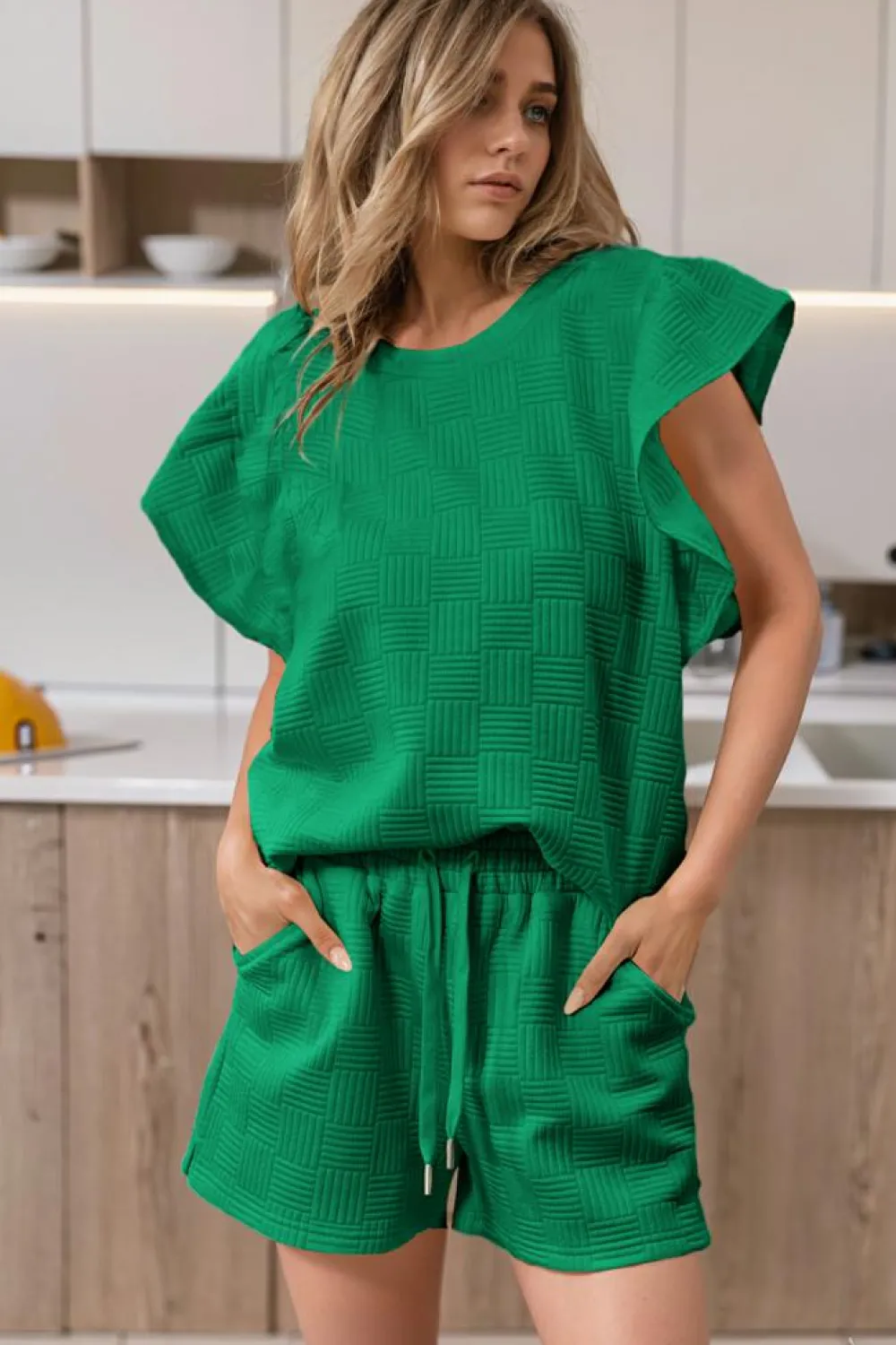 New Dear-Lover Textured Ruffled Sleeve Tee and Drawstring Shorts Set Bright Green