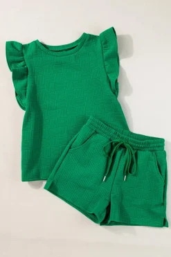 New Dear-Lover Textured Ruffled Sleeve Tee and Drawstring Shorts Set Bright Green