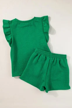 New Dear-Lover Textured Ruffled Sleeve Tee and Drawstring Shorts Set Bright Green