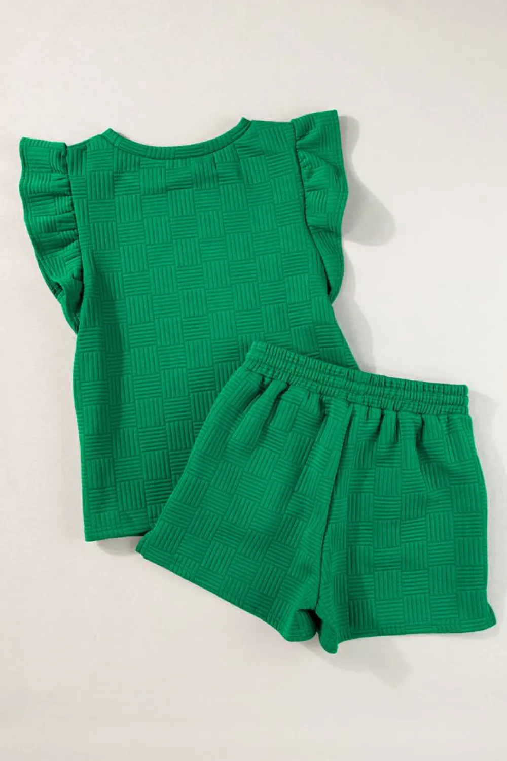 New Dear-Lover Textured Ruffled Sleeve Tee and Drawstring Shorts Set Bright Green