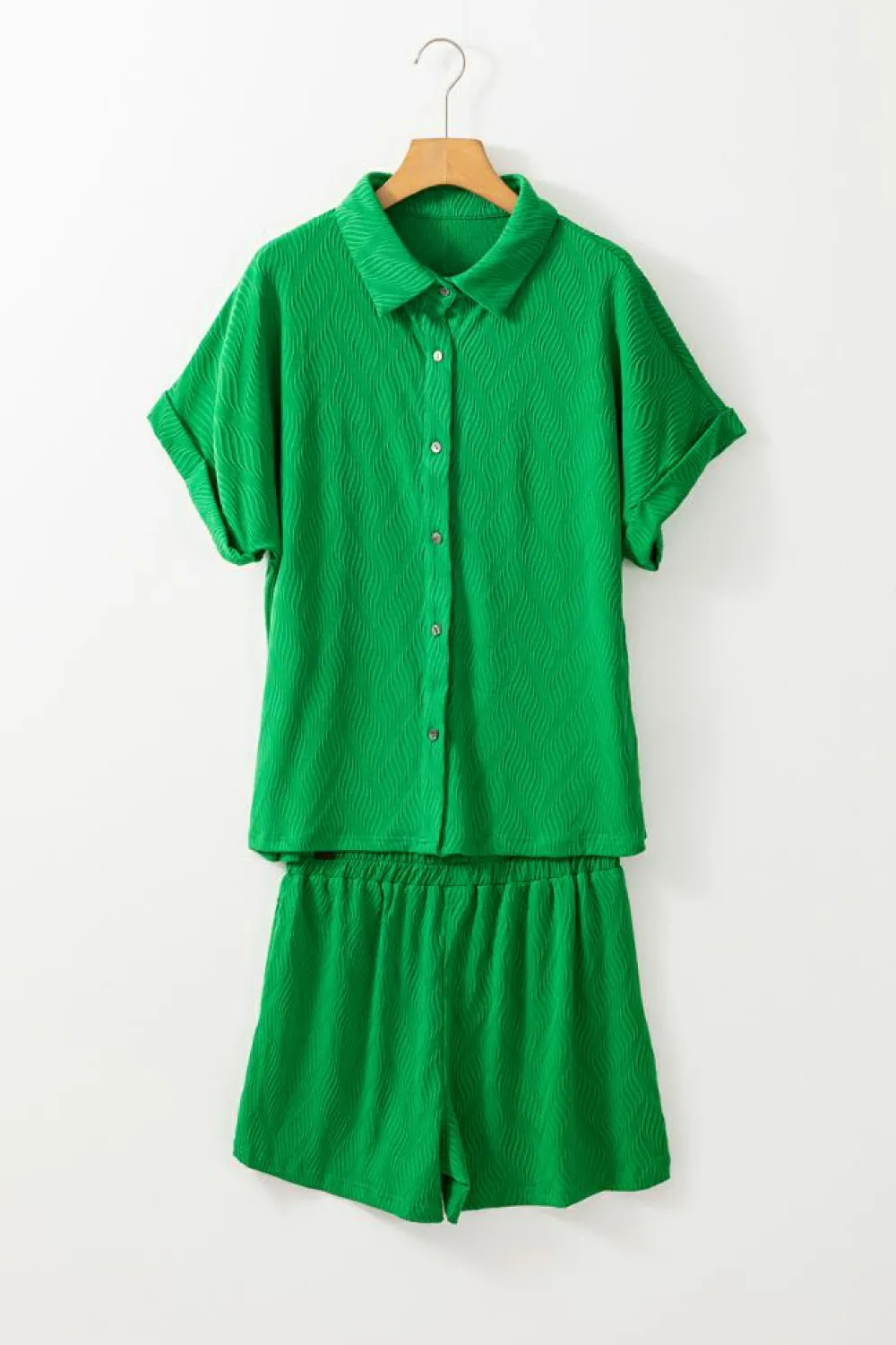 Fashion Dear-Lover Textured Short Sleeve Shirt and Shorts Set Bright Green