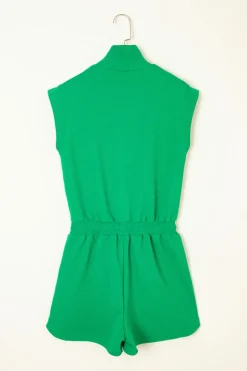 Hot Dear-Lover Textured Short Sleeve Half Zip Drawstring Waist Romper Bright Green