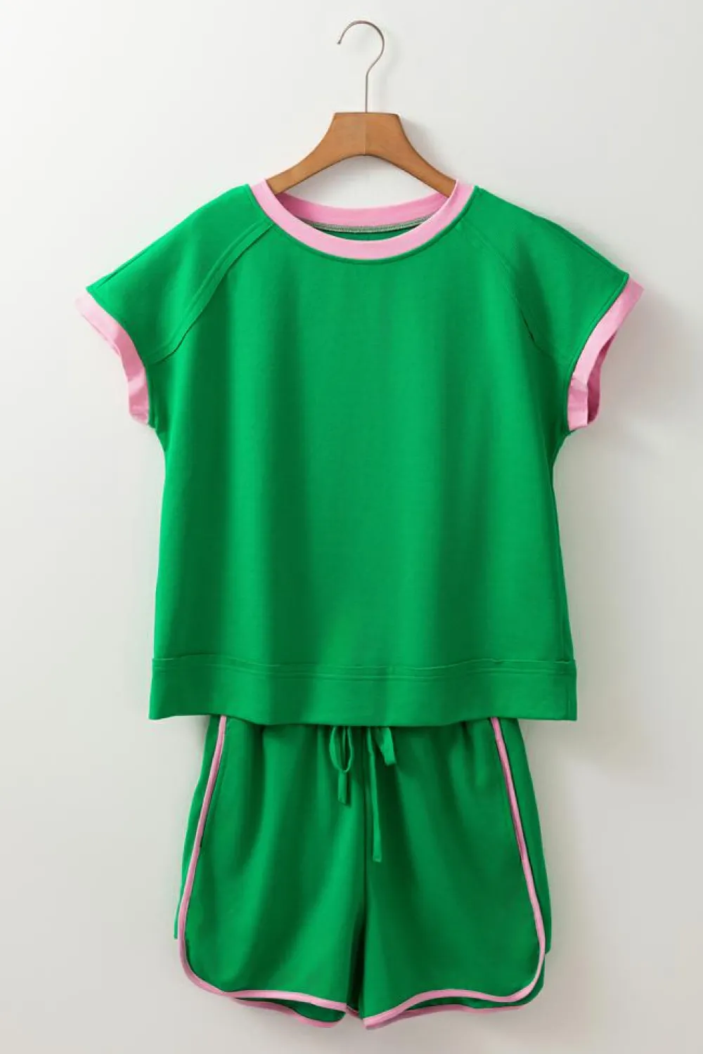 Best Dear-Lover Two Tone Contrast Textured Crewneck Tee and Shorts Set Bright Green