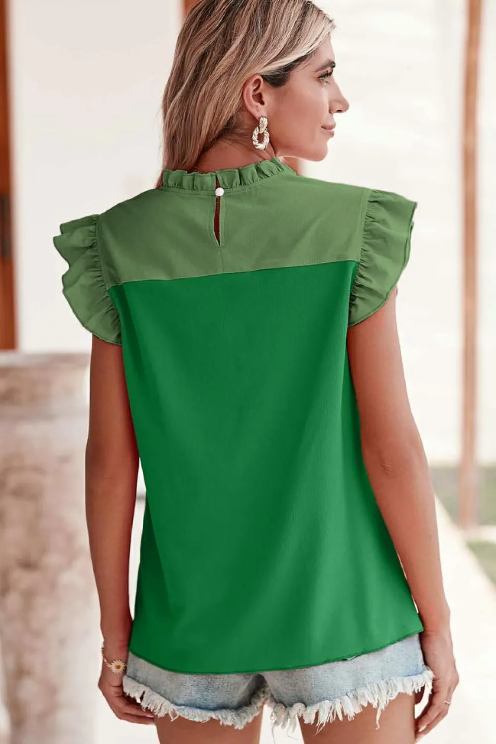 Best Dear-Lover Two Tone Ruffled Flutter Sleeve Blouse Bright Green