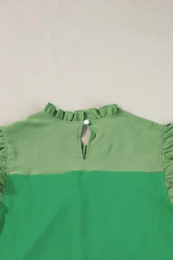 Best Dear-Lover Two Tone Ruffled Flutter Sleeve Blouse Bright Green