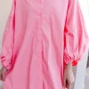 Sale Dear-Lover Balloon Sleeve Button Up Mini Shirt Dress Bright Pink