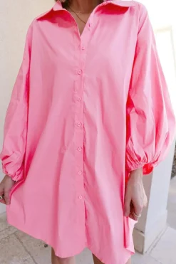 Sale Dear-Lover Balloon Sleeve Button Up Mini Shirt Dress Bright Pink