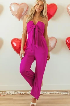 Best Dear-Lover Bowknot Strapless Wide Leg Jumpsuit Bright Pink