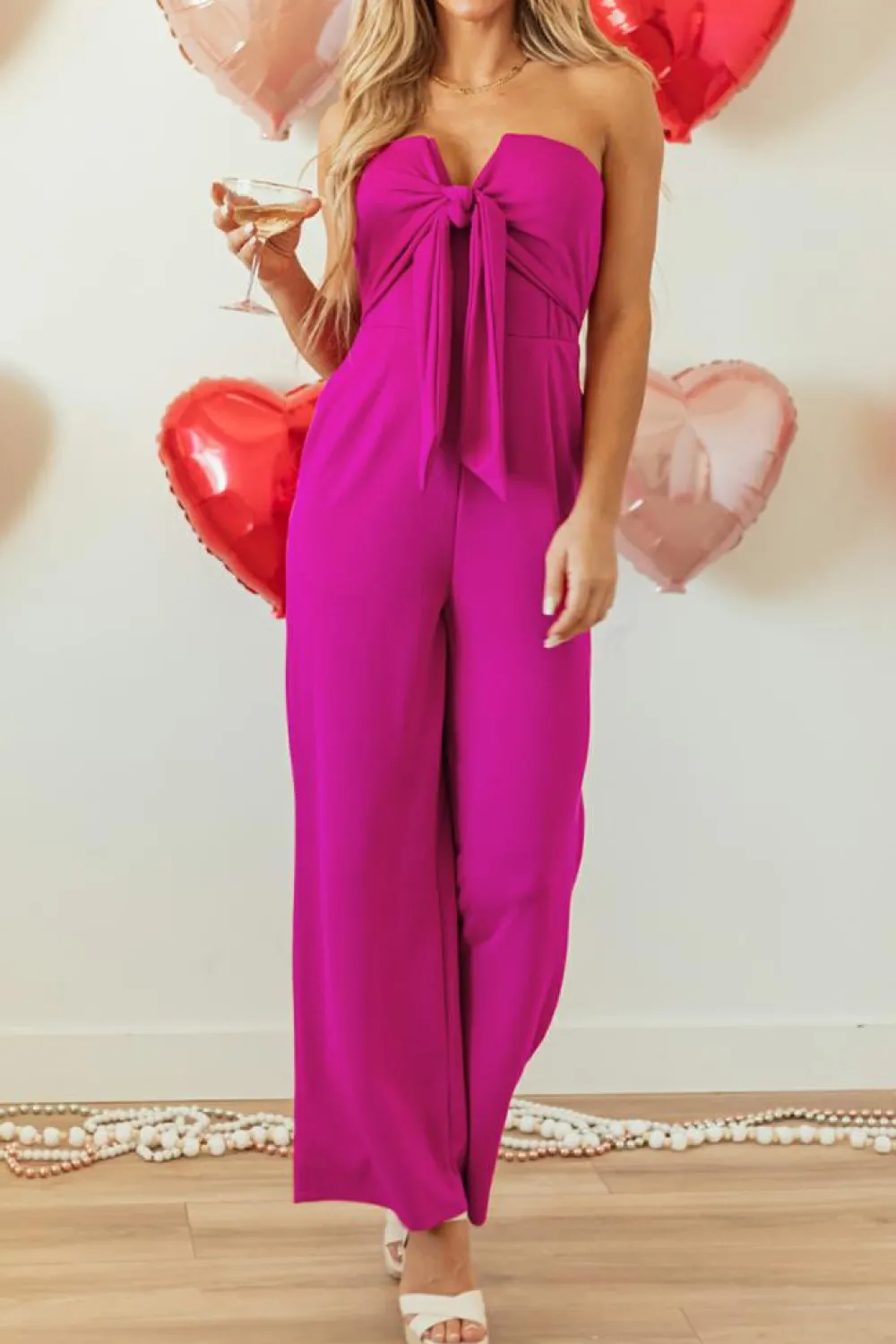 Best Dear-Lover Bowknot Strapless Wide Leg Jumpsuit Bright Pink