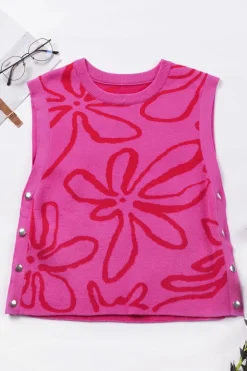 Best Dear-Lover Button Sides Sleeveless Floral Knitted Top Bright Pink