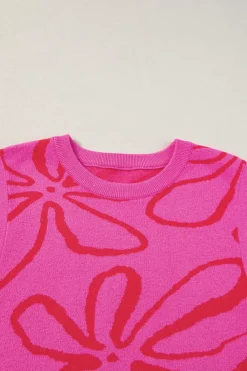 Best Dear-Lover Button Sides Sleeveless Floral Knitted Top Bright Pink