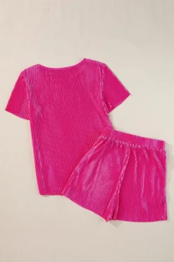 Fashion Dear-Lover Casual Pleated Short Two-piece Set Bright Pink