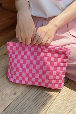 Online Dear-Lover Checkered Print Cosmetic Bag Bright Pink