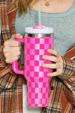 Fashion Dear-Lover Checkered Print Handled Stainless Steel Tumbler Cup 40oz Bright Pink