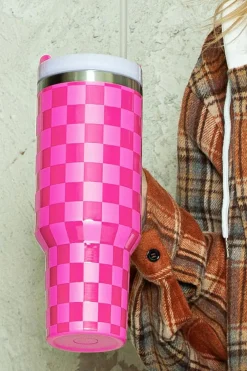 Fashion Dear-Lover Checkered Print Handled Stainless Steel Tumbler Cup 40oz Bright Pink