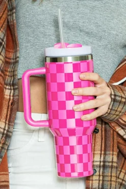 Fashion Dear-Lover Checkered Print Handled Stainless Steel Tumbler Cup 40oz Bright Pink