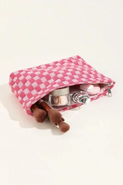 Online Dear-Lover Checkered Print Cosmetic Bag Bright Pink
