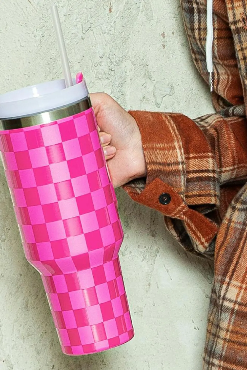 Fashion Dear-Lover Checkered Print Handled Stainless Steel Tumbler Cup 40oz Bright Pink