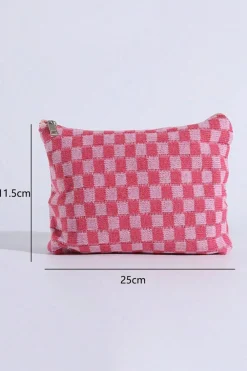 Online Dear-Lover Checkered Print Cosmetic Bag Bright Pink