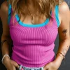 Clearance Dear-Lover Colorblock Edge Ribbed Knit U Neck Tank Top Bright Pink
