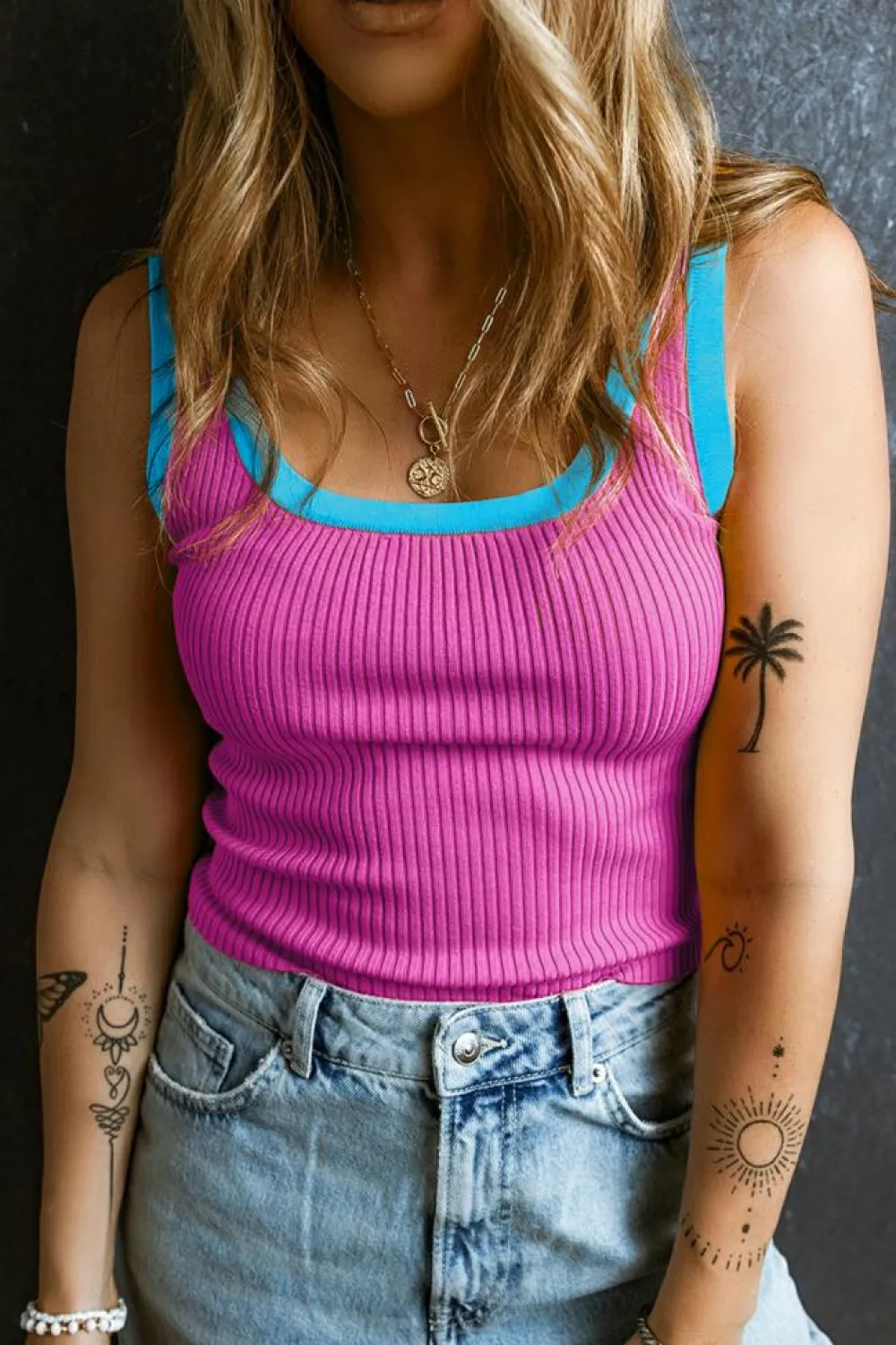 Clearance Dear-Lover Colorblock Edge Ribbed Knit U Neck Tank Top Bright Pink