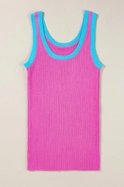 Clearance Dear-Lover Colorblock Edge Ribbed Knit U Neck Tank Top Bright Pink