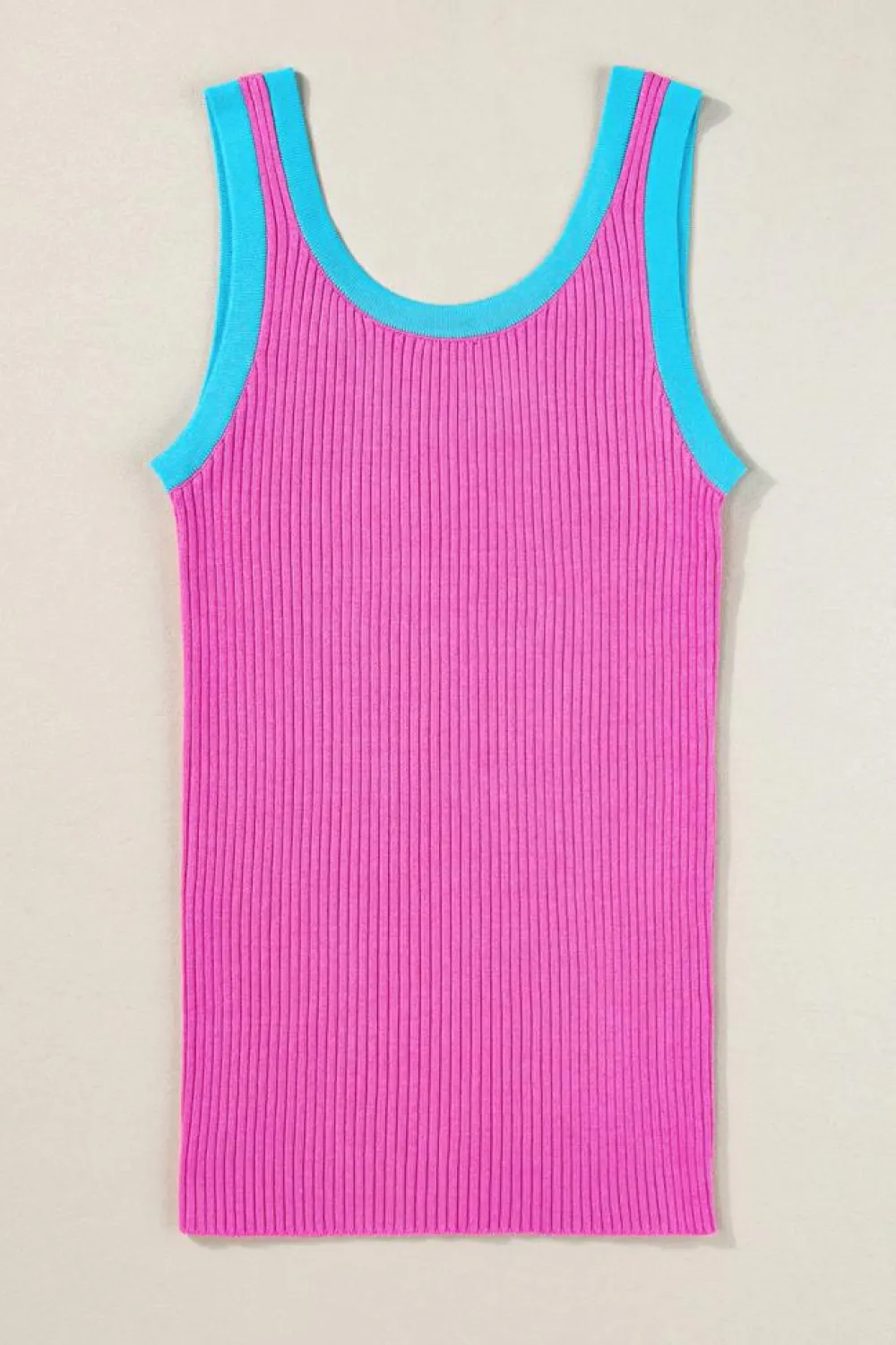 Clearance Dear-Lover Colorblock Edge Ribbed Knit U Neck Tank Top Bright Pink