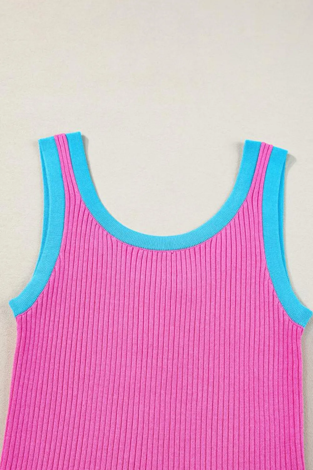 Clearance Dear-Lover Colorblock Edge Ribbed Knit U Neck Tank Top Bright Pink
