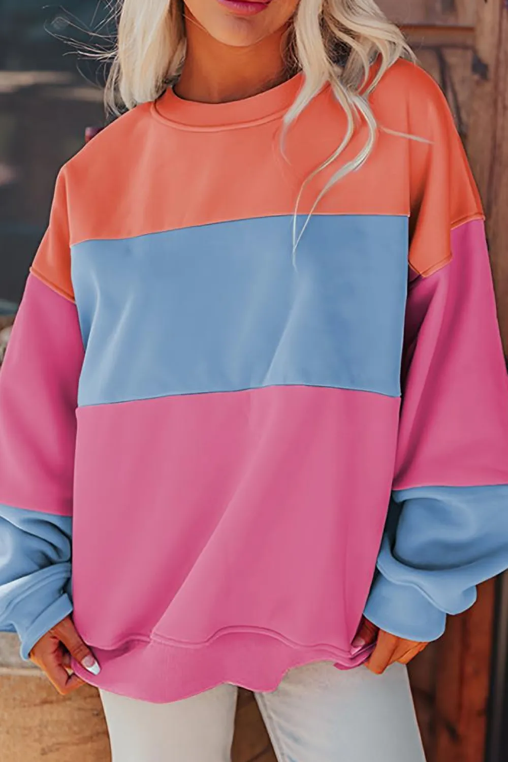 New Dear-Lover Colorblock Patchwork Drop Shoulder Sweatshirt Bright Pink