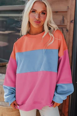 New Dear-Lover Colorblock Patchwork Drop Shoulder Sweatshirt Bright Pink
