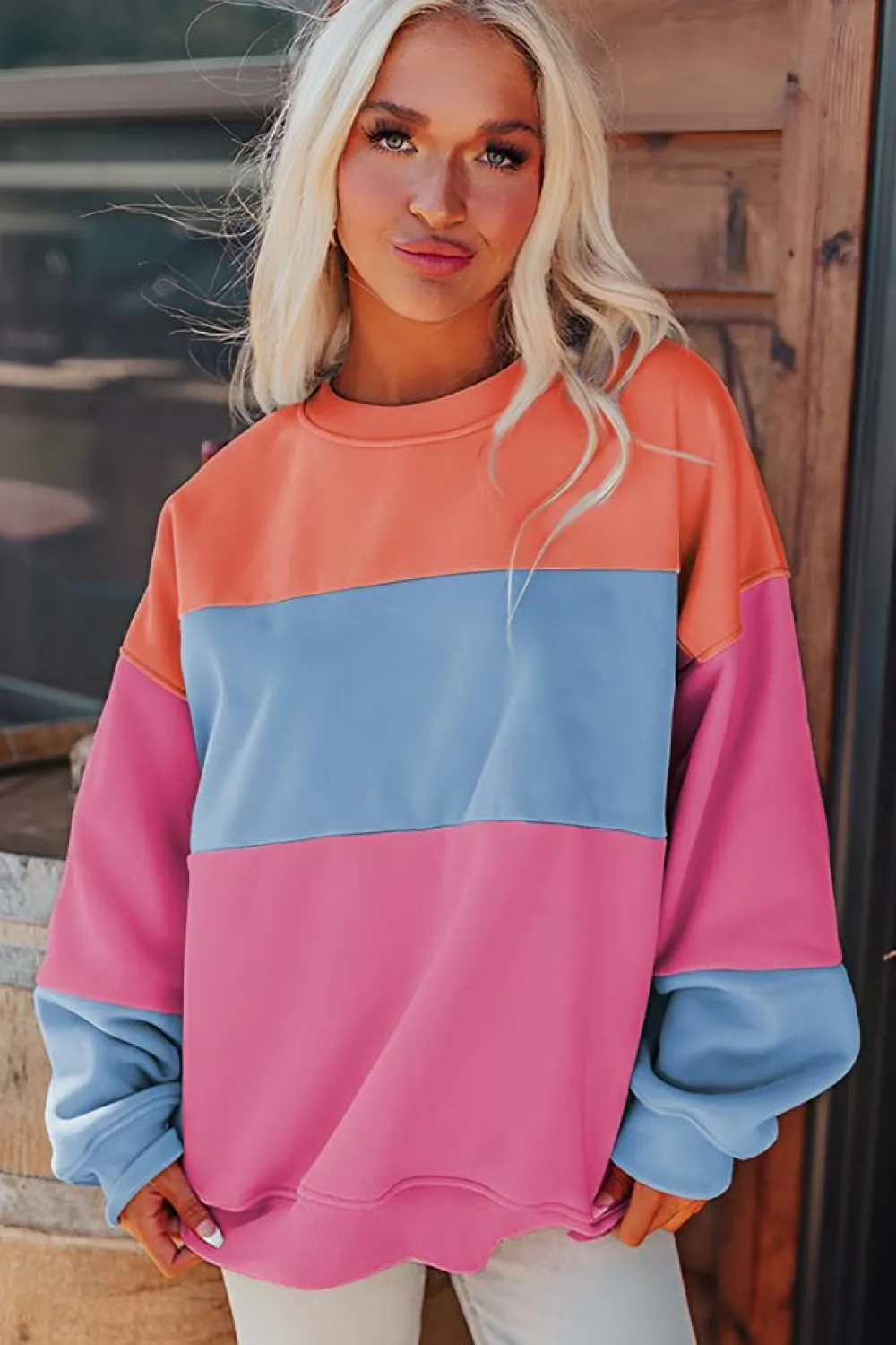 New Dear-Lover Colorblock Patchwork Drop Shoulder Sweatshirt Bright Pink