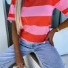 Sale Dear-Lover Colorblock Striped Knitted T shirt Bright Pink