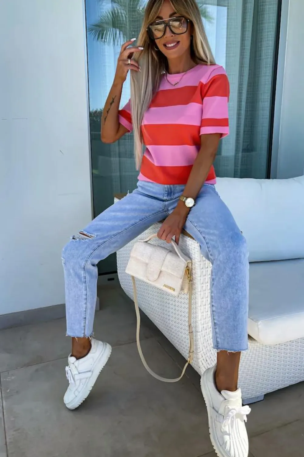 Sale Dear-Lover Colorblock Striped Knitted T shirt Bright Pink