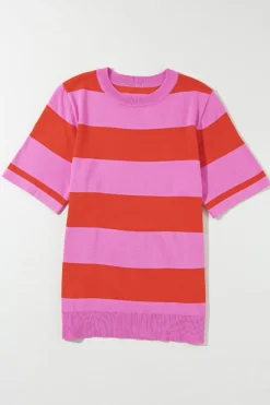 Sale Dear-Lover Colorblock Striped Knitted T shirt Bright Pink