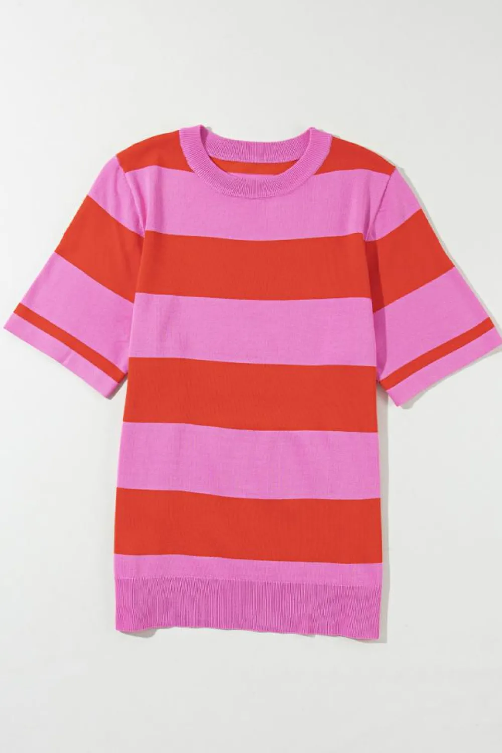 Sale Dear-Lover Colorblock Striped Knitted T shirt Bright Pink