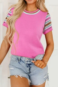 Online Dear-Lover Contrast Printed Cap Sleeves Crewneck Sweater Bright Pink