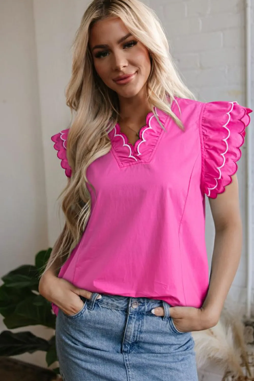 Hot Dear-Lover Contrast Scallop Trim Layered Short Sleeve V Neck Blouse Bright Pink
